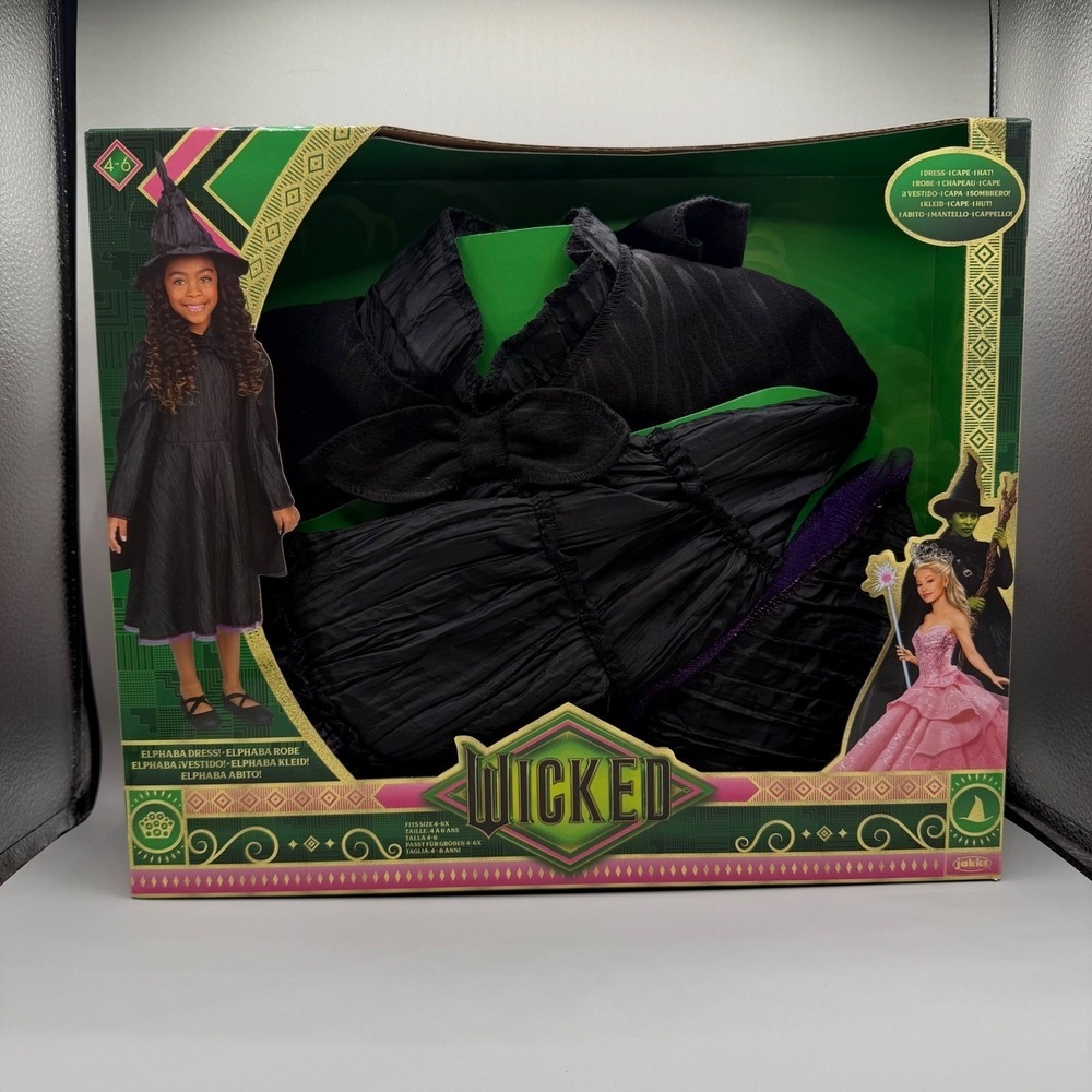 Wicked Deluxe Elphaba Black Defying Gravity Dress Up Set W/ Hat Size 4-6x-NEW